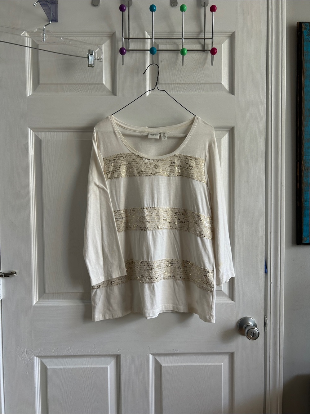 Women's Cream Long-Sleeve Scoop Neck Top with Lace Stripes